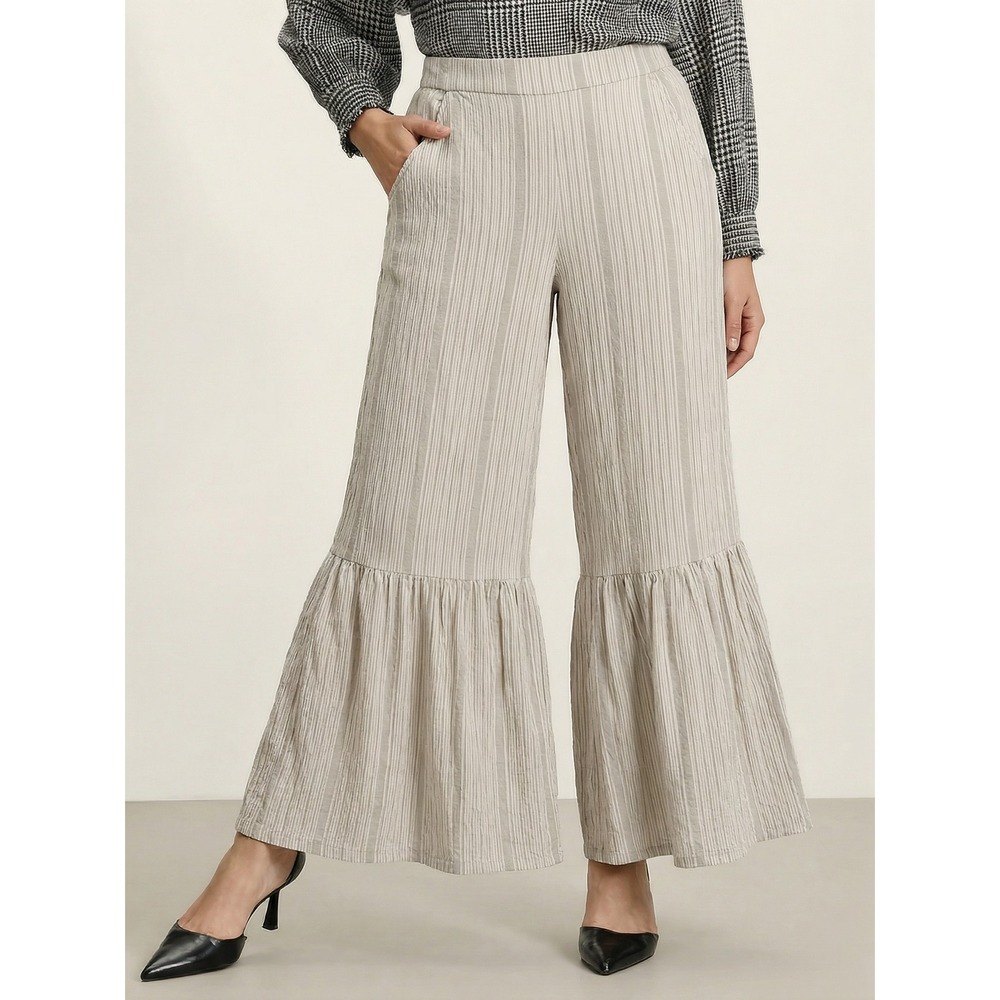 Japna Beige Wide-Leg Tiered Pants